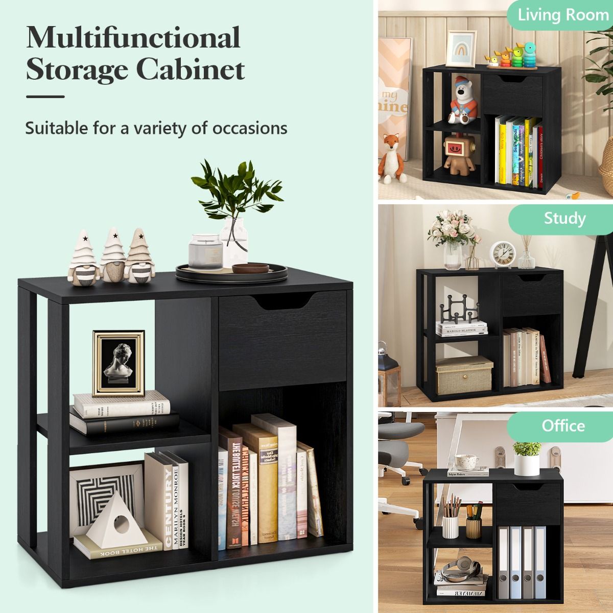 Coast Bücherregal aus Holz mit Schublade – 3 offene Fächer – schwarz – 60 x 30 x 53 cm