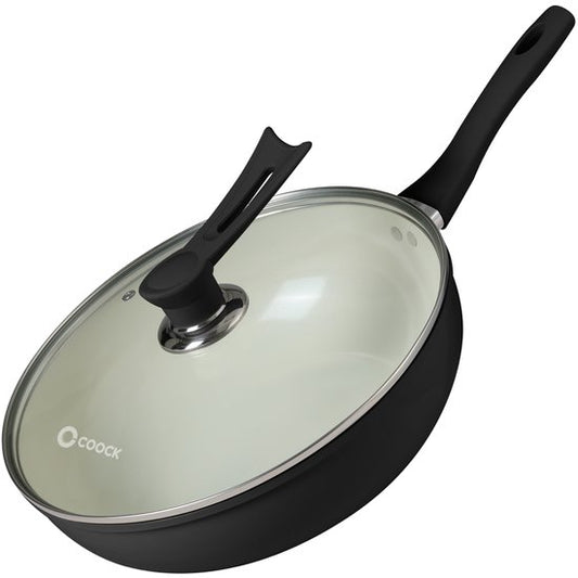 COOCK Wokpfanne Induktion 32cm - Spezial-Antihaftbeschichtung - Bratpfanne mit Deckel - Recyceltes Aluminium - Schwarz/Weiß - Inklusive E-Book