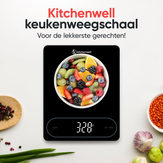 Kitchenwell Digitale Präzisions-Küchenwaage – Küchenwaage – 1 g – 12 kg – Tara-Funktion – Batterie – Schwarz
