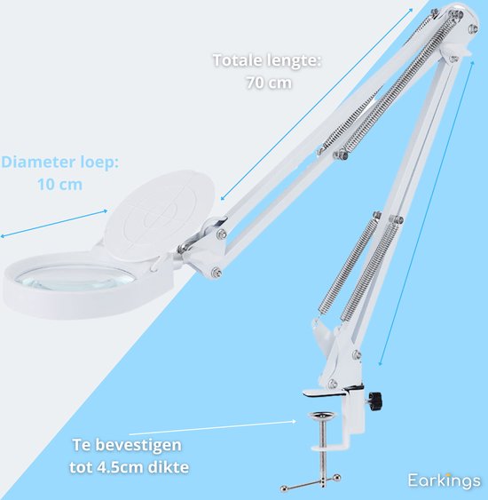 Earkings Lupe mit Beleuchtung - Lupe mit LED-Beleuchtung inklusive Tischklemme und 3 Lichtfarben - Lupe vergrößert 3x bis 10x und ist 360 Grad drehbar Weiß