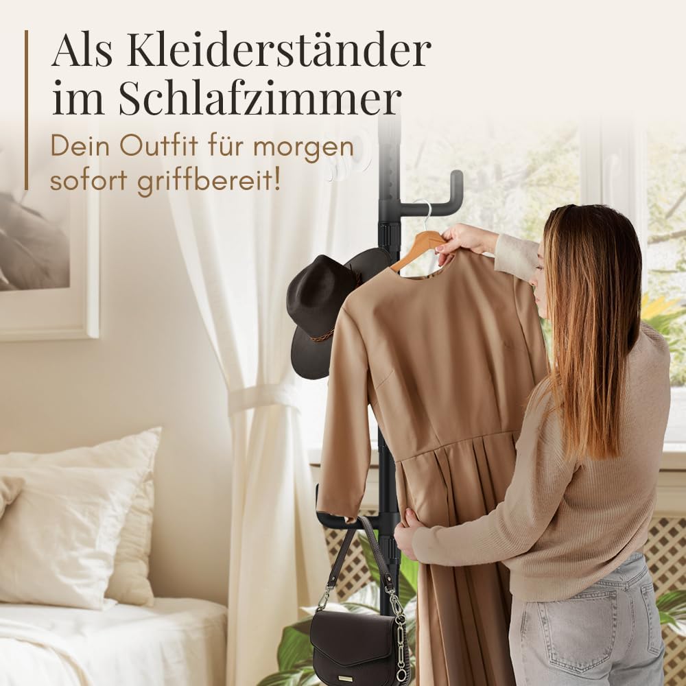 LOBUX® - Garderobenständer ausziehbar, 5 Haken [schwarz, 110-310cm] - Teleskopgarderobe stabil - Garderobenständer platzsparend, Metall - Dienerschaftständer Schlafzimmer - Flurgarderobe - Kleiderständer Balkon