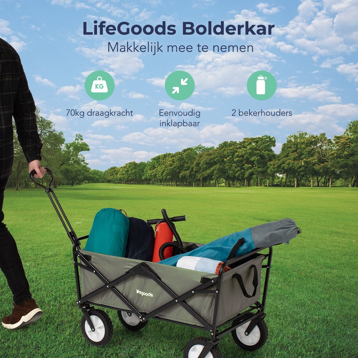 LifeGoods Wagon - faltbar - drehbare Räder - 2 Ständer - 70KG Tragfähigkeit - Grün