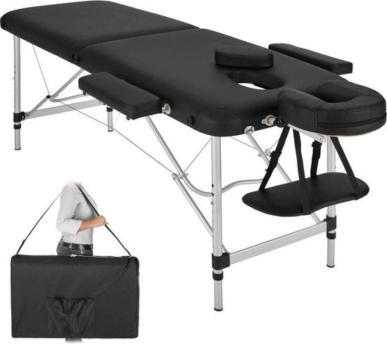 tectake - Aluminium-Massagetisch 2 Zonen, Massagetisch 4cm Matratze, klappbarer Massagetisch, höhenverstellbarer Aluminium-Massagetisch, tragbarer Massagetisch inklusive Zubehör, Aluminium-Kopfstütze, Armlehne und Tragetasche - schwarz