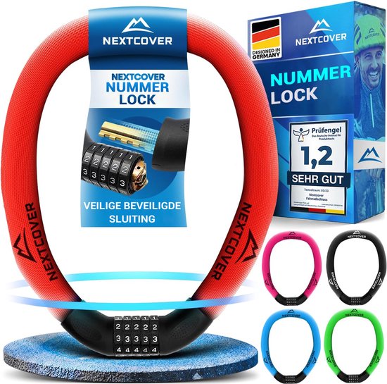 NEXTCOVER® - Digit Lock Fahrradschloss - Das Original - [SAFESECURE] - Fahrradschloss mit 5-stelligem Zahlencode, Zahlenschloss Fahrradstahl - Rot