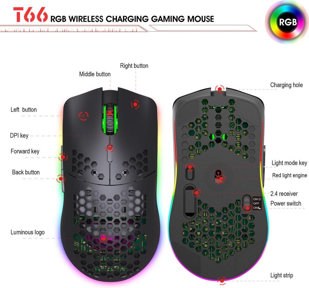 HXSJ T66 2.4G Wireless Gaming Maus - Ultraleicht - RGB Beleuchtung - Schwarz