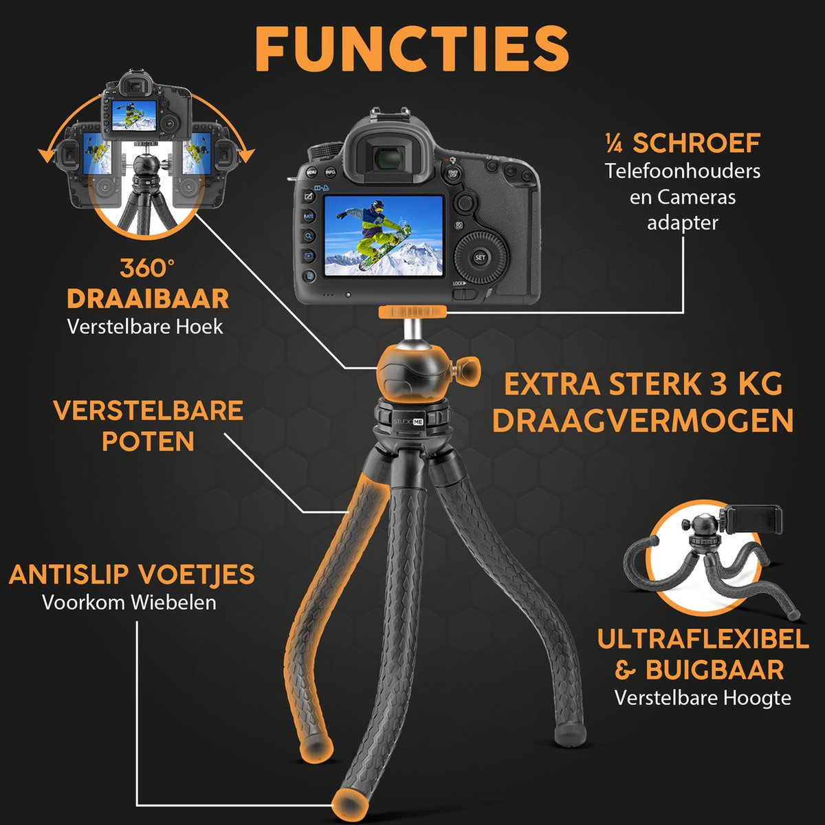Studio ME Telefonstativ - Stativ Smartphone - Flexibel - Kamerastativ - Schwarz - Gorillapod - Telefonhalterung