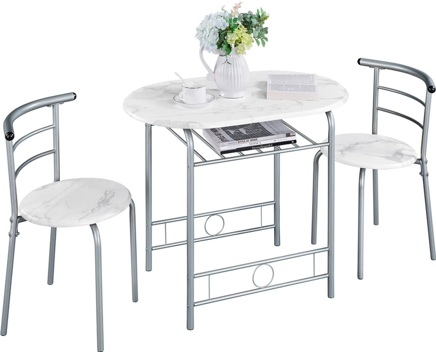 Yaheetech Esstisch 3-teilig - mit Stauraum unter der Tischplatte und zwei Stühlen mit Rückenlehne und platzsparendem Design - für Küche und Balkon - weißes Mdf und Metall - 90 x 53 x 75,5 cm