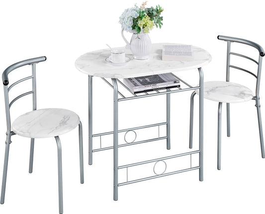 Yaheetech Esstisch 3-teilig - mit Stauraum unter der Tischplatte und zwei Stühlen mit Rückenlehne und platzsparendem Design - für Küche und Balkon - weißes Mdf und Metall - 90 x 53 x 75,5 cm