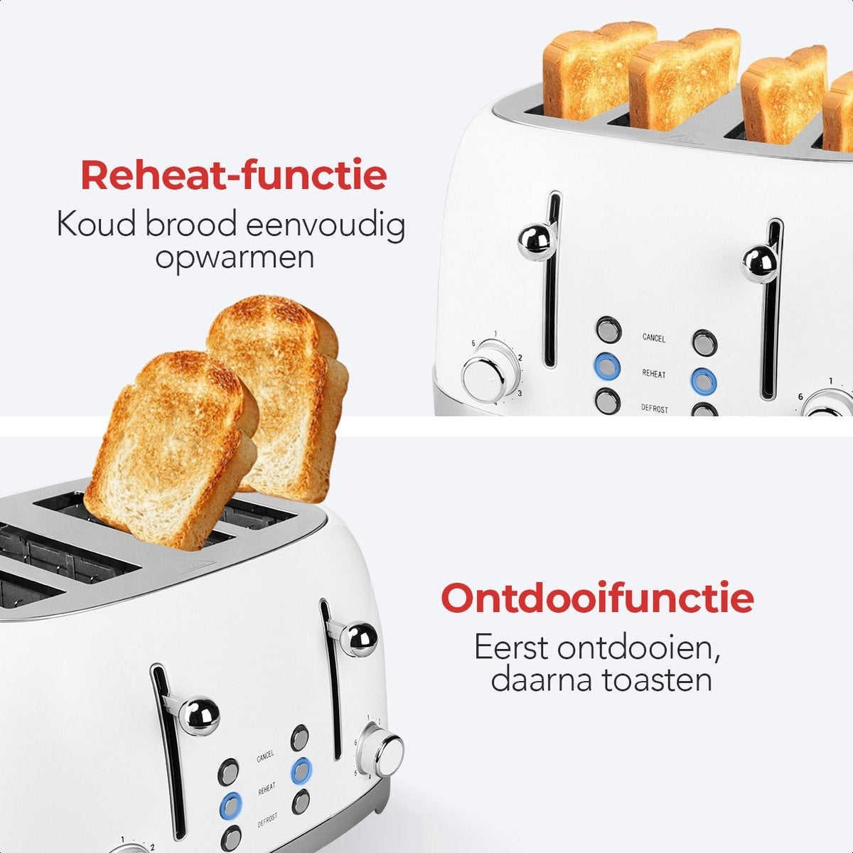 KitchenBrothers Retro-Toaster - 6 Heizstufen - 4 extra breite Schlitze - 1630W - Aufwärm- und Auftaufunktion - Weiß
