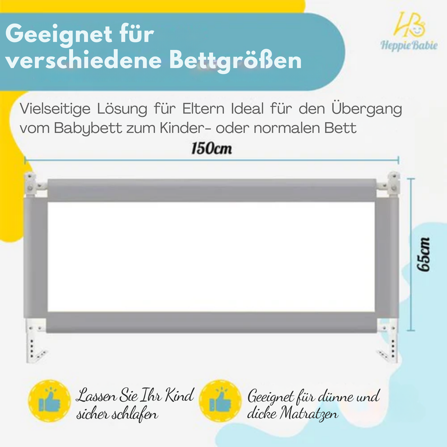 HeppieBabie Bettgitter - Universal - 150 CM - Verstellbar - mit Sicherheitsnetz - Bettgitter - Grau