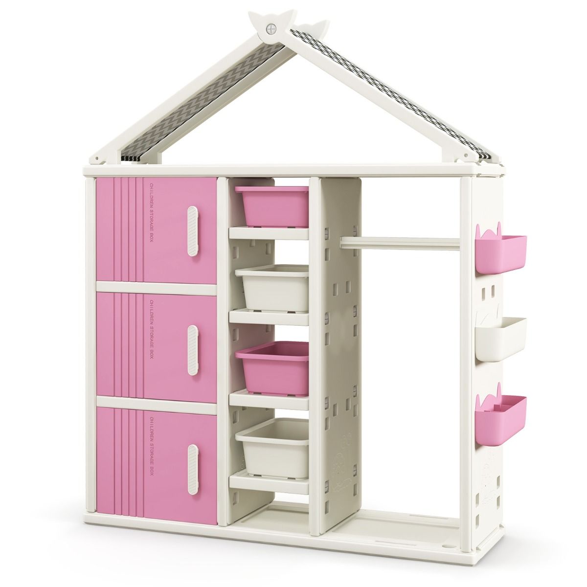 Coast House-förmiges Kinder-Bücherregal mit Garderobe - Kinderzimmer-Spielzeugschrank mit Seitenkörben, 4 Aufbewahrungsboxen und verstellbaren Einlegeböden - Rosa/Weiß - 130×34×156,5 cm