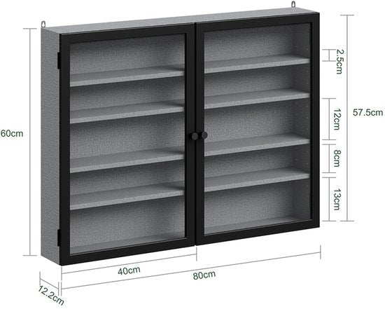 SoBuy Wandvitrine – 4 verstellbare Einlegeböden – Glastüren – 80 x 12,2 x 60 cm – Schwarz/Grau