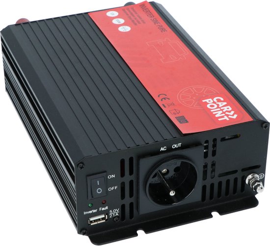 Carpoint-Wechselrichter – 12 V > 230 V – Reine Sinuswelle – Dauerleistung 500 W - Spitzenleistung 1000 Watt – Ausgang mit französischer/belgischer Steckdose – Permanenter Anschluss an die Batterie – Stoßfest – Temperaturgesteuerter Lüfter – Abmessungen 21