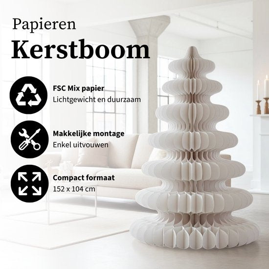 Mica Decorations Papier-Weihnachtsbaum – Zusammenklappbarer künstlicher Weihnachtsbaum – H 152 x Ø 104 cm – Weihnachtsdekoration – 100 % FSC – Weiß