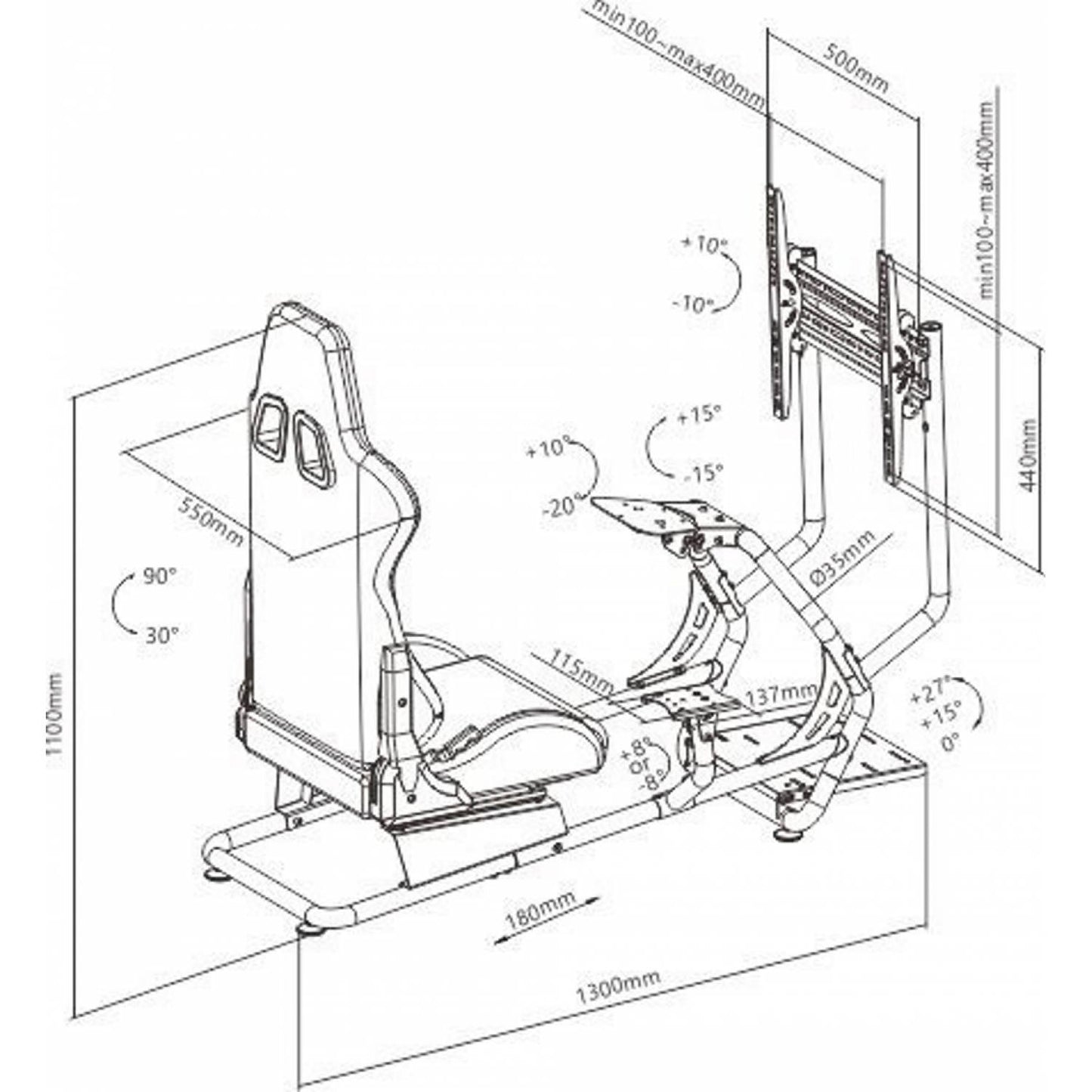 VDD Gaming Racing Seat Cockpit-Simulator - Vollständig einstellbar - 55 x 130 x 110 cm - Schwarz mit Rot
