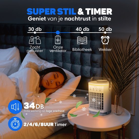 Vulpes Goods® Tech Mini Airco PRO Mobiles Klimagerät - Luftkühler 4in1 - Tischventilator - 4 Windgeschwindigkeiten - 2 Befeuchtungsmodi - Timer - Auslaufsicher - Weiß