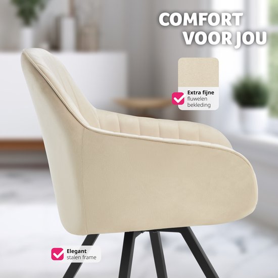 tectake - Esszimmer-Drehstuhl mit Armlehnen - Ergonomischer Schalensessel mit Samtbezug - Gepolstert - Drehstuhl für Wohnzimmer, Esstisch, Arbeitszimmer, Frisiertisch und Küche - Creme