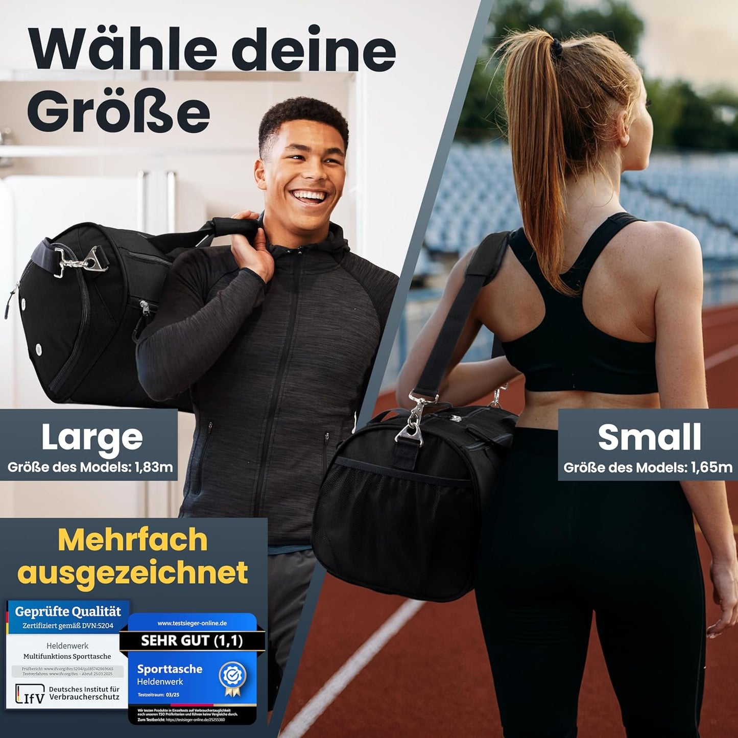 Herowerk Sporttasche mit Schuhfach und Nassfach, Trainingstasche für Damen und Herren, ideal als Reisetasche, Fitnesstasche, Trainingstasche oder Sporttasche, schwarz, Sporttasche mit Schultergurt