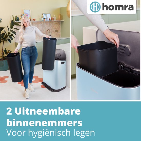 Homra Rockx Mülleimer 60 Liter - Duo-Treteimer 2×30 l mit Geruchsfilter – Edelstahl-Mülltrennbehälter mit 2 Fächern – Recycling-Mülleimer – Küchenmülleimer – Mülleimer zur Mülltrennung – Doppel-Mülleimer, blau