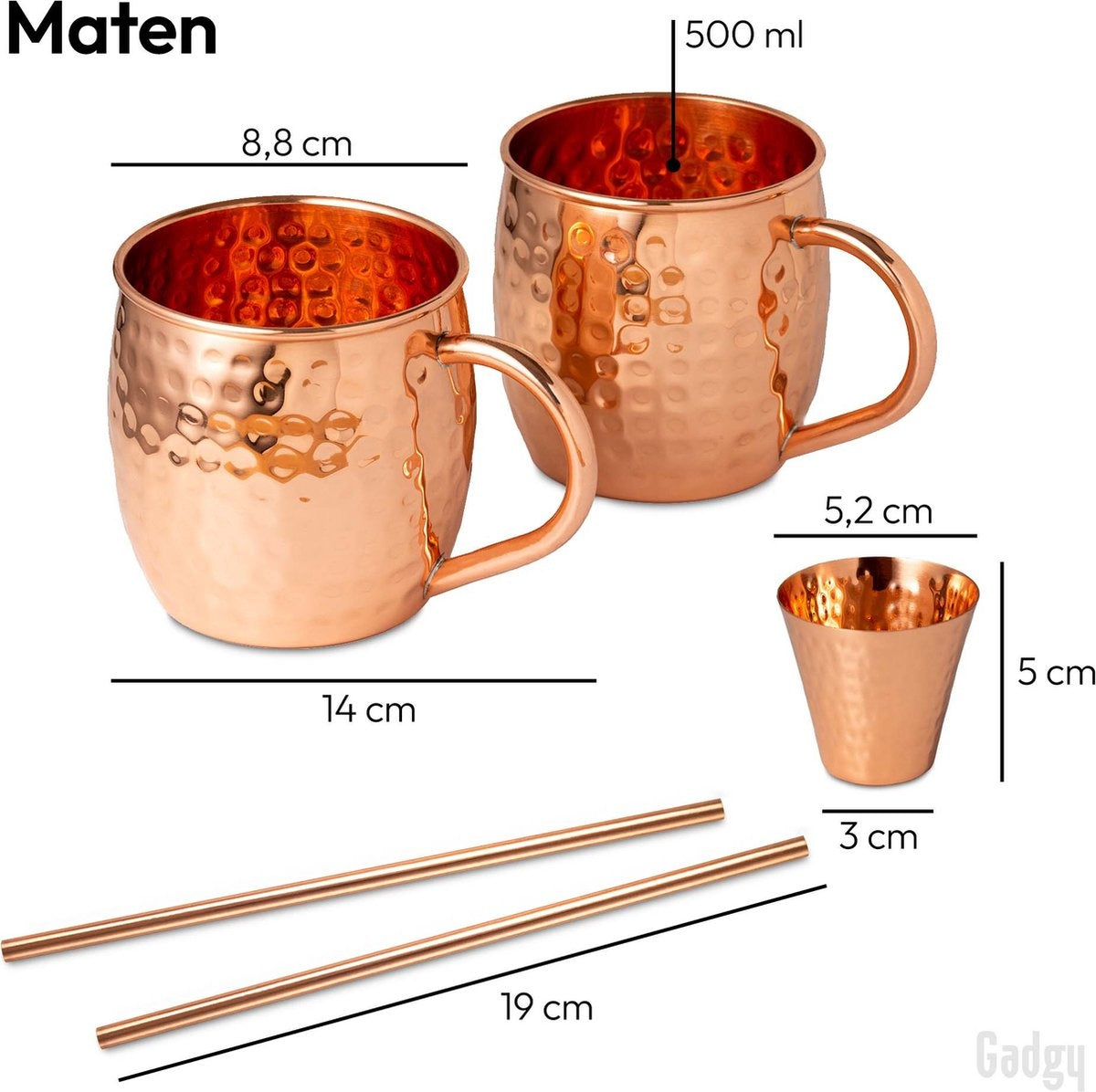Gadgy Moscow Mule Cups Set - 100% Kupfer - Cocktail-Set : 2 Cocktailgläser, 2 Strohhalme & 1 Bar-Maß