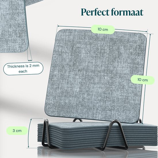 Castagnola Untersetzer aus Kunstleder – Untersetzer für Gläser – Design-Untersetzer mit Halter – Untersetzer-Set aus Kunstleder mit Metallhalter – Leder – 10er-Set – Blau meliert – 10 x 10 cm