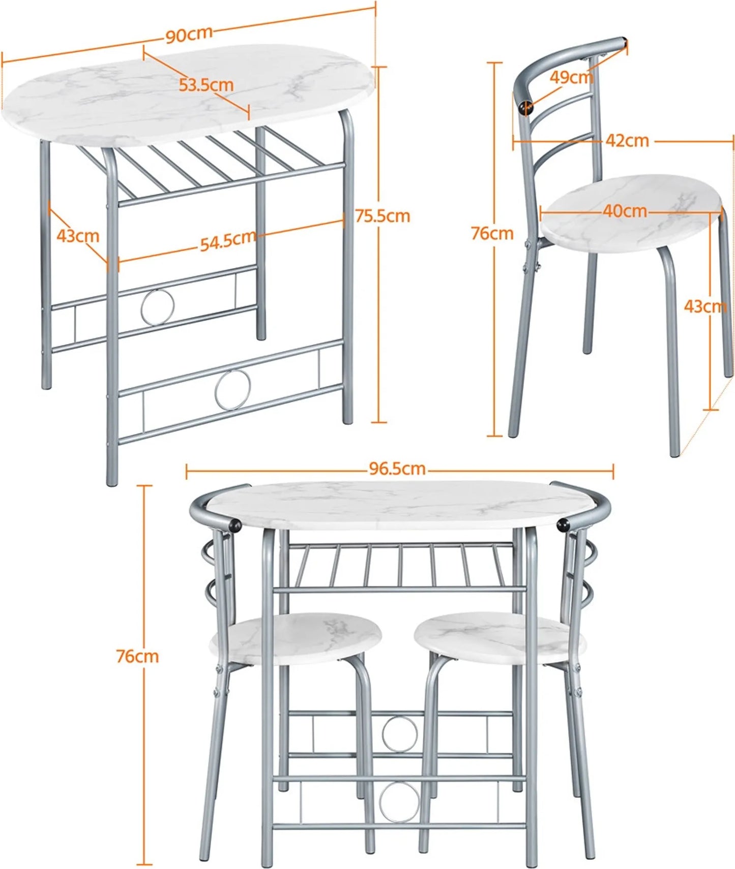Yaheetech Esstisch 3-teilig - mit Stauraum unter der Tischplatte und zwei Stühlen mit Rückenlehne und platzsparendem Design - für Küche und Balkon - weißes Mdf und Metall - 90 x 53 x 75,5 cm