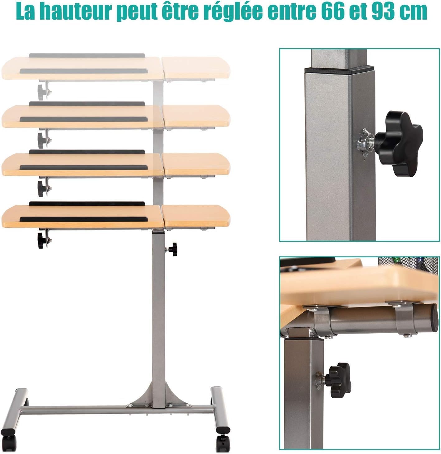 RELAX4LIFE Betttisch für Computer 64 x 45 x 64-95 cm, höhenverstellbar, mit 4 Rollen, kippbare Ablage, natur