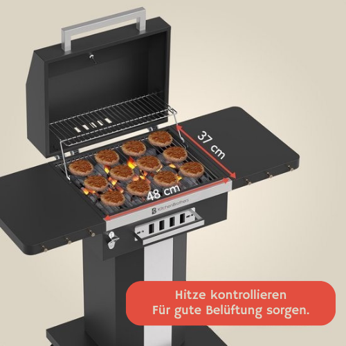 KitchenBrothers - Holzkohlestehgrill Barbecue - BBQ - mit Deckeln und Rädern - Edelstahl Grillrost - Schwarz