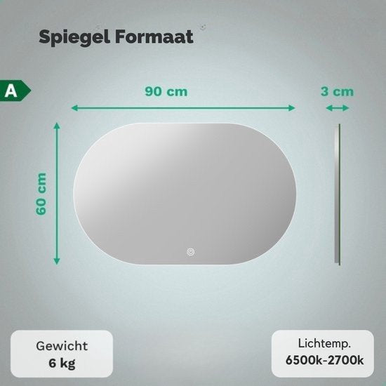 Mirlux Badezimmerspiegel mit LED-Beleuchtung & Heizung - Wandspiegel Oval - Anti-Kondensations-Duschspiegel - 90x60CM