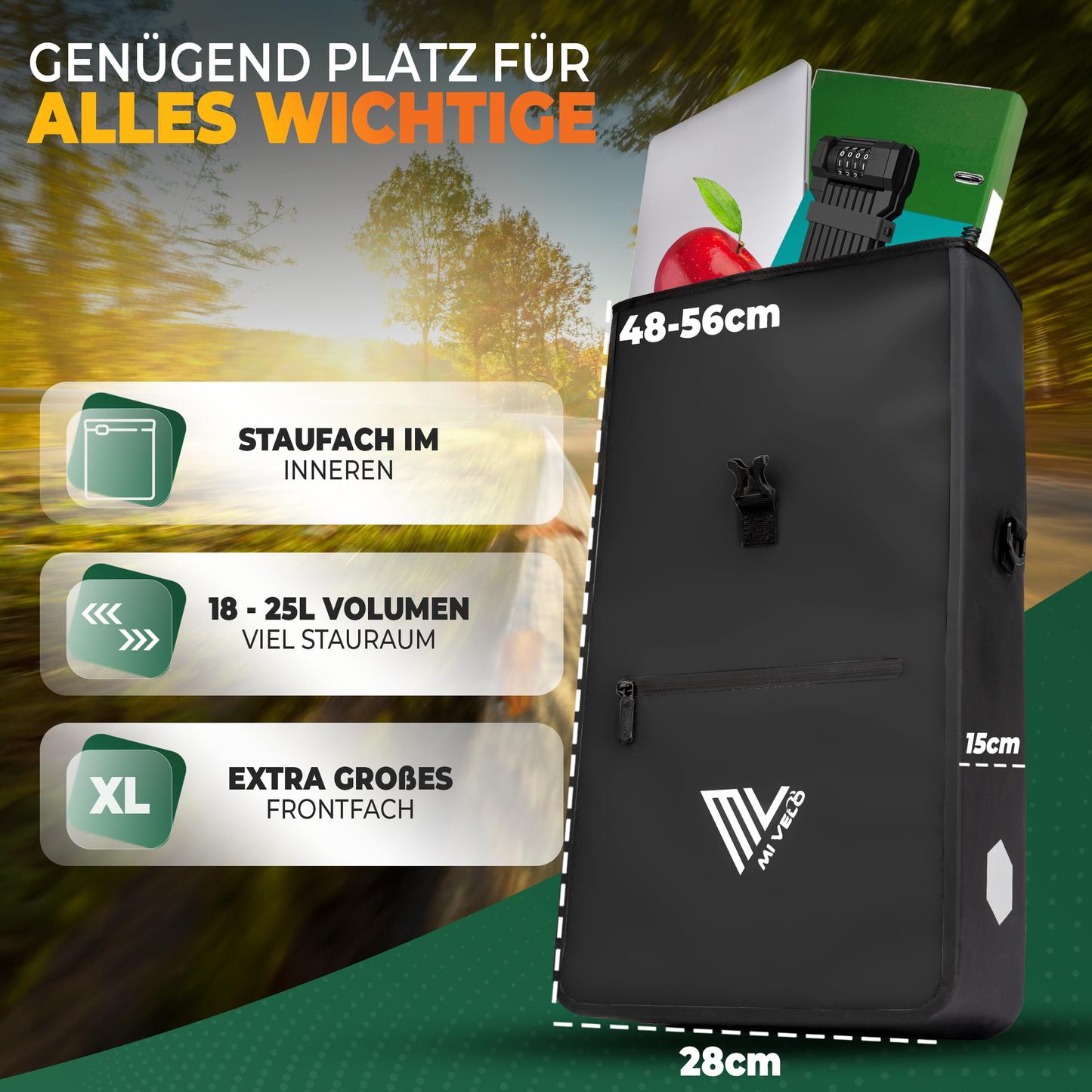 MiVelo Max - 2-in-1 wasserdichte Packtasche für Gepäckträger - Schwarz - 25 L