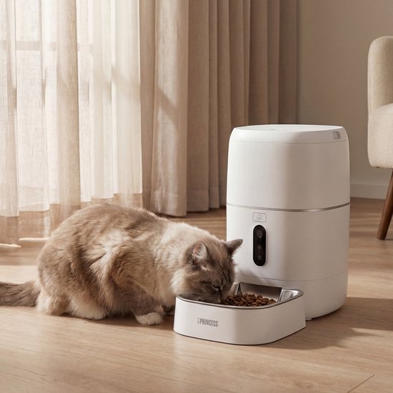 Princess Automatischer Fressnapf – HD-Kamera & Smart – 6 Liter – Katze & Hund – App-Steuerung – Geplante Fütterung – Edelstahlschüssel – Pufferbatterie – Futterautomat – Futterspender – 610065