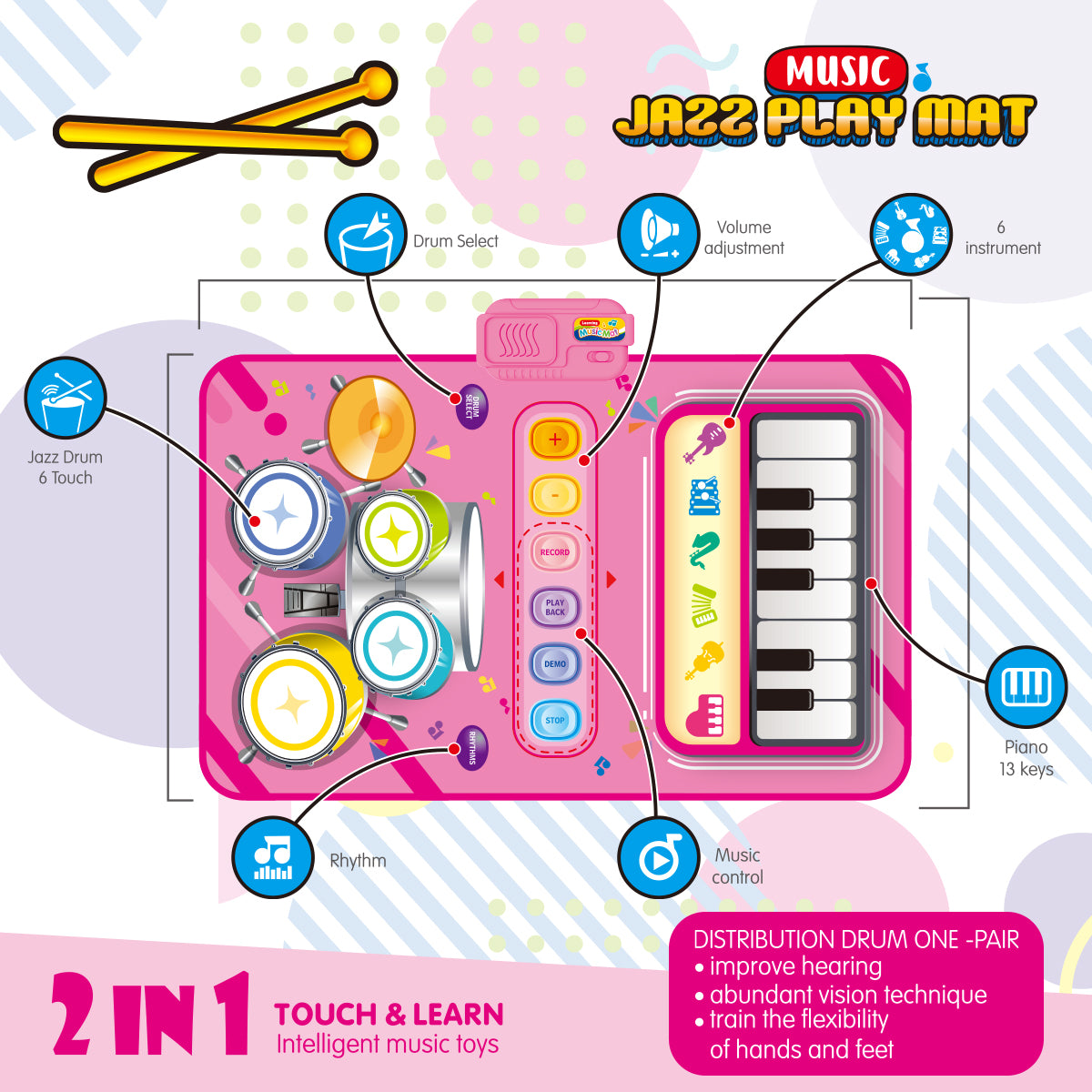 2-in-1-Spielmatte mit Klavier- und Jazz-Schlagzeug für Kinder, rosa