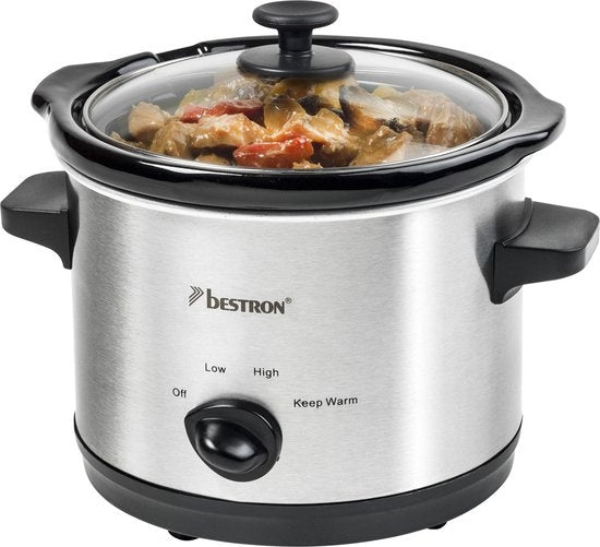 Bestron Slowcooker, mit 3 Programmen, Keramikpfanne & Glasdeckel, für 2 Personen, 1,5L Fassungsvermögen, spülmaschinenfest, 120 Watt, Farbe: silber