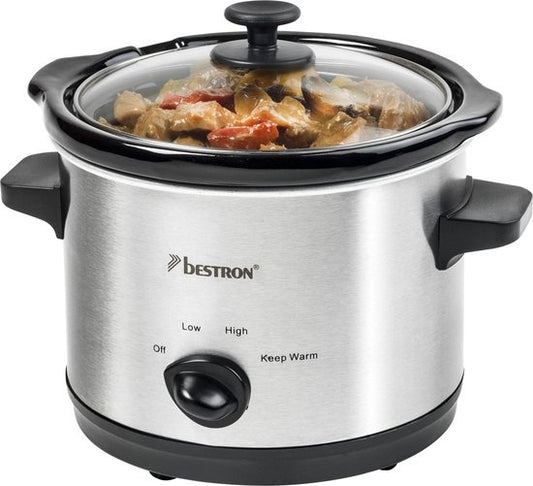 Bestron Slowcooker, mit 3 Programmen, Keramikpfanne & Glasdeckel, für 2 Personen, 1,5L Fassungsvermögen, spülmaschinenfest, 120 Watt, Farbe: silber