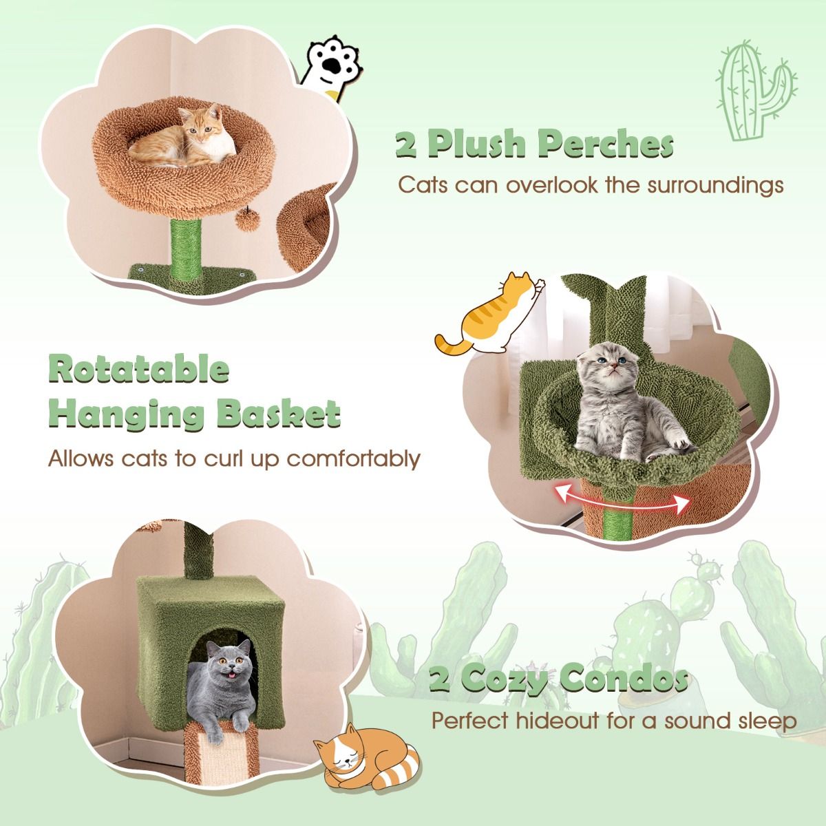 Coast Kaktus-Kratzbaum - mit gepolsterte Sitzstangen - mit Hängemattenkorb - 160 cm - Grün/Braun