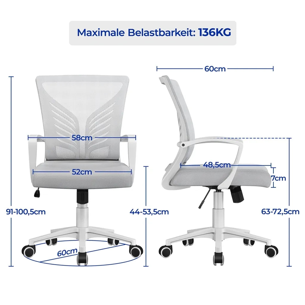 Yaheetech Bürostuhl - Ergonomisch - Hellgrau - Verstellbar