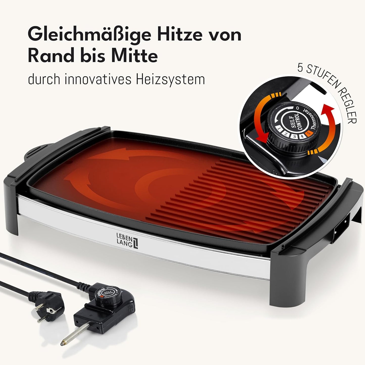 LEBENLANG - Elektrogrillplatte - inkl. Fettauffangschale - Für 8 Personen - drinnen und draußen - 1800W - Schwarz