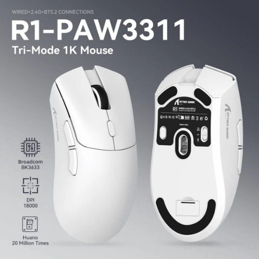 Attack Shark R1 kabellose Gaming-Maus – Weiß – 59 g, 18.000 DPI, 2,4 GHz & Bluetooth 5.2