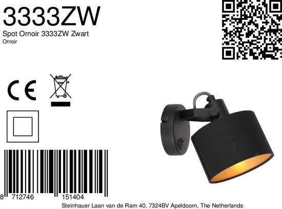 1 Spotlampe Ornoir 3333ZW, schwarz mit goldfarbenem Lampenschirm – dreh- und neigbar – Metall und Textil – Mexlite – modern – für den Innenbereich