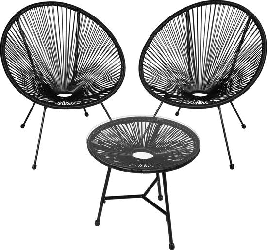 tectake - Gartenmöbel Bistro Set - 2 Stühle und 1 Tisch - Retro Egg Chairs im Acapulco-Stil - Wetterfest für drinnen und draußen - Gartenset für Terrasse oder Balkon - Schwarz