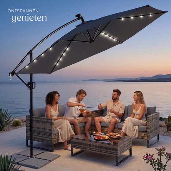 tectake® Schwebeschirm mit Sockel – 3,5 x 3,5 m – Gartenschirm mit solarbetriebener LED-Beleuchtung – schwenkbar – wasserabweisendes Polyester mit UV-Schutz – inklusive Schutzhülle – grau