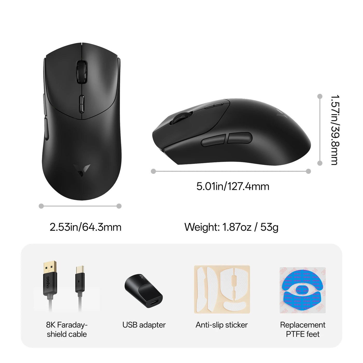 Rapoo VT7 kabellose Gaming-Maus – 8000 Hz Abtastrate – 26.000 DPI – 53 g – schwarz