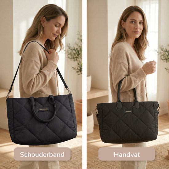 Mommsy Wickeltasche – Wickeltasche – Mom Bag – Thermofach – Gesteppter Puffer-Stoff – Mommy Bag – Besonders geräumig – Wasserabweisend – Organizer – Leicht – Schwarz