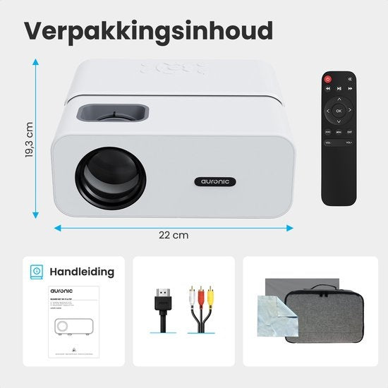 Auronic Beamer - 10.000 Lumen - WiFi - 170-Zoll-Projektor - Full HD - HDMI-Kabel, Fernbedienung, Projektionswand und Tragetasche - Weiß