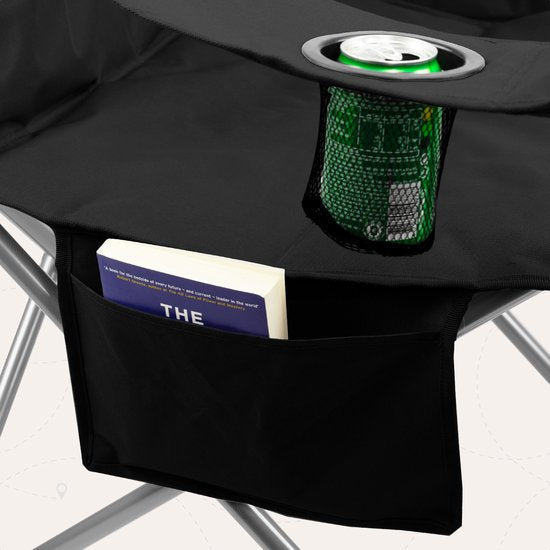 TRVLMORE Campingstuhl - Zusammenklappbar - Komfortabler Klappstuhl - 150 kg Belastbarkeit - Getränkehalter - Kühlfach - Seitentasche - Schwarz