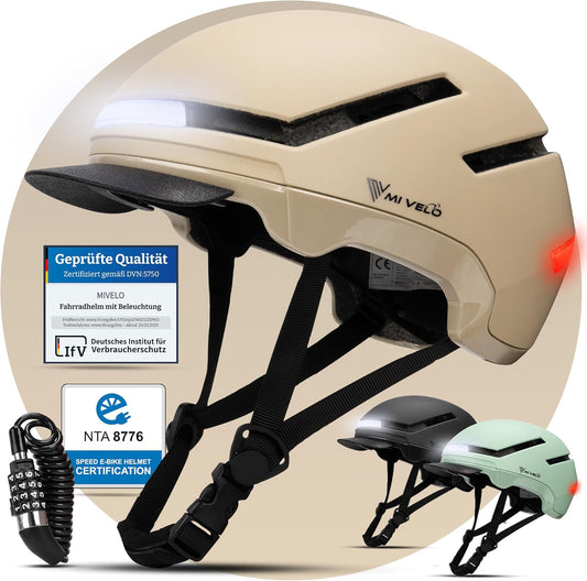 Mivelo Unisex-Radhelm NOVA - Mit Licht - NTA-zertifiziert bis zu 45km/h - Beige - Größe M (54-58 cm)