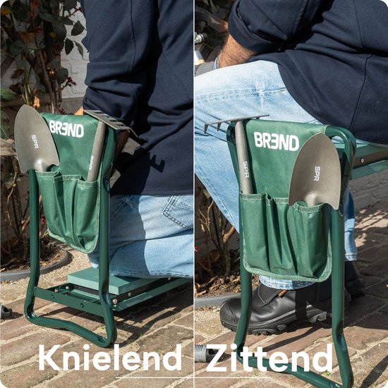 Zusammenklappbarer Gartenhocker mit Knieauflage – EVA-Schaumstoff – Bis zu 150 kg – Stahlrahmen mit Werkzeugtaschen – Zum Sitzen und Knien – BREND BR-2252
