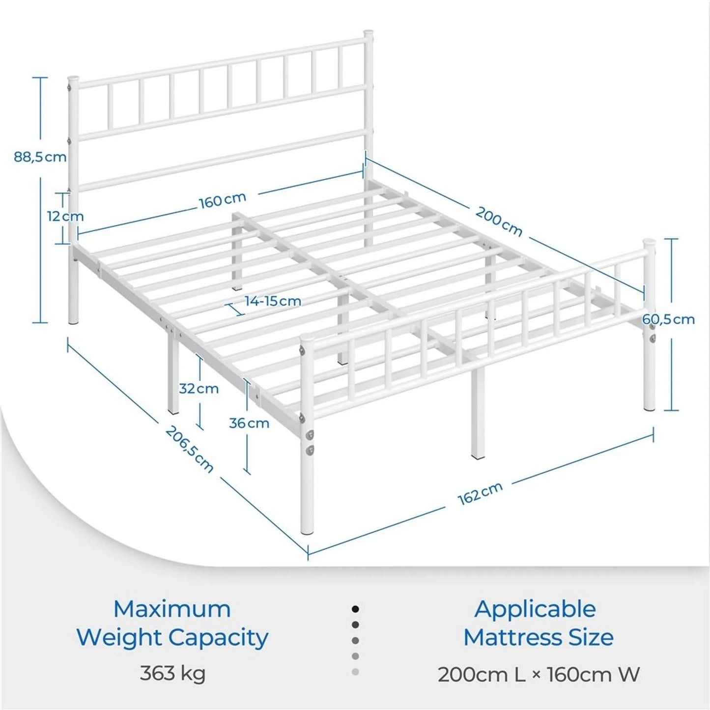 Yaheetech Metall Bettgestell 160 x 200 cm - Ausgestattet mit hohem Kopf- und Fußteil und 12 Metalllatten und 32 cm Stauraum - Für Schlafzimmer und Gästezimmer - Weißes Metall - 207 x 162 x 88,5 cm