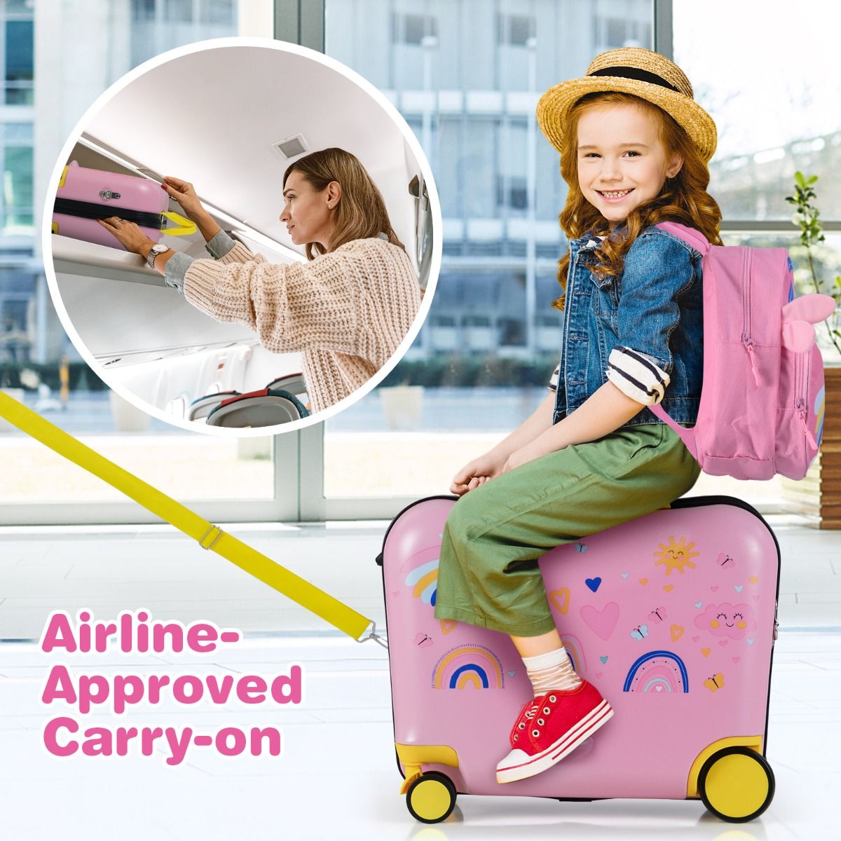Coast Kinderkoffer- und Rucksack-Set – Sitzkoffer mit Bienenmotiv – verstellbarer Griff – rosa