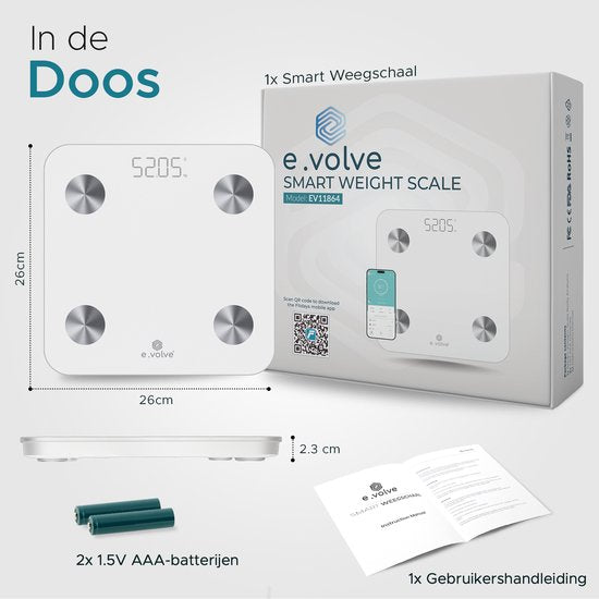 e.volve Waage Personenwaage Digital - 20x - Weiß - Intelligente Waage mit Körperanalyse - Präzisionswaage - Waage - Digitale Waage - Inkl.